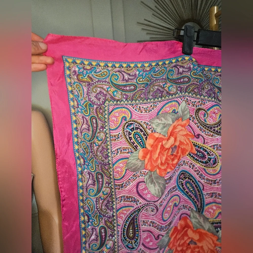 Adrienne Vittadini 100% Silk Paisley Floral Scarf Wrap Shawl. Magenta Pink Multi